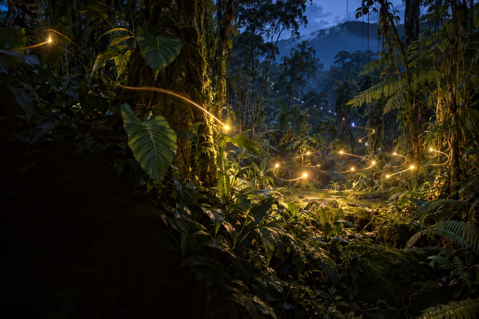 Mata atlântica na hora azul, com rastros de luz dourada percorrendo a vegetação e uma clareira iluminada ao fundo